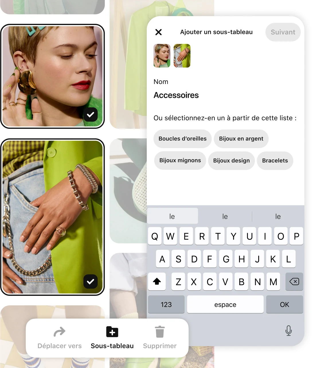 Pin grid featuring various green accessories and clothing items with demo screen of "add section" board feature 