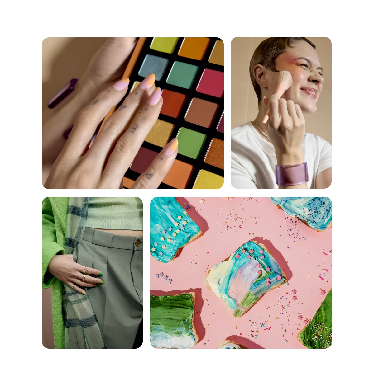 Grid of four images including rainbow nails, pride makeup, internship outfits, colourful food.
