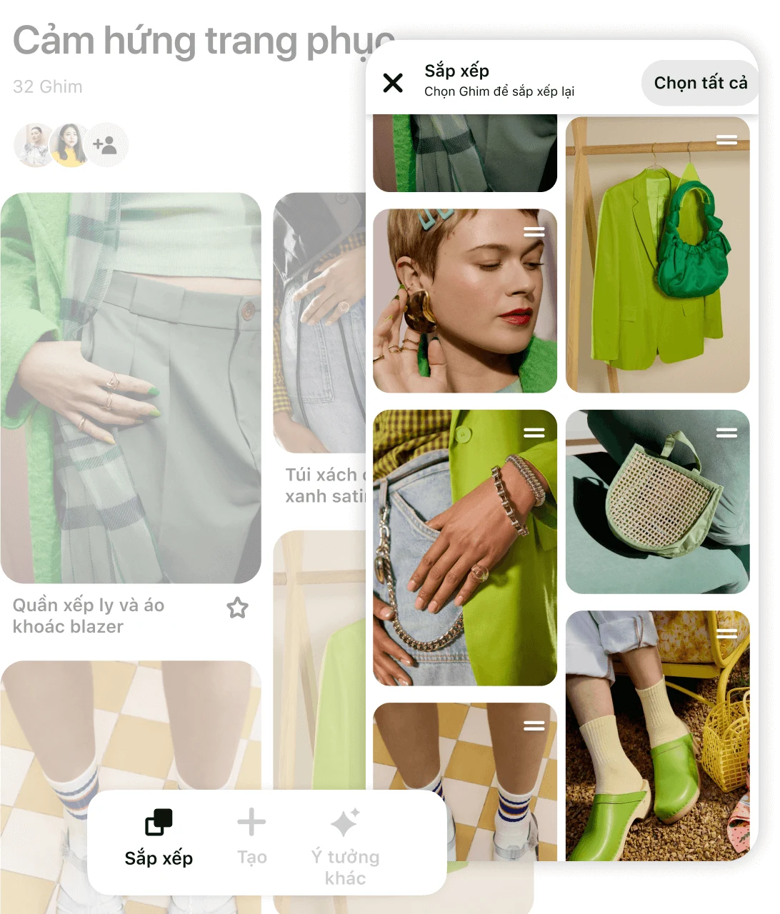 Lưới ghim có nhiều phụ kiện và mục sản phẩm quần áo màu xanh lá cây