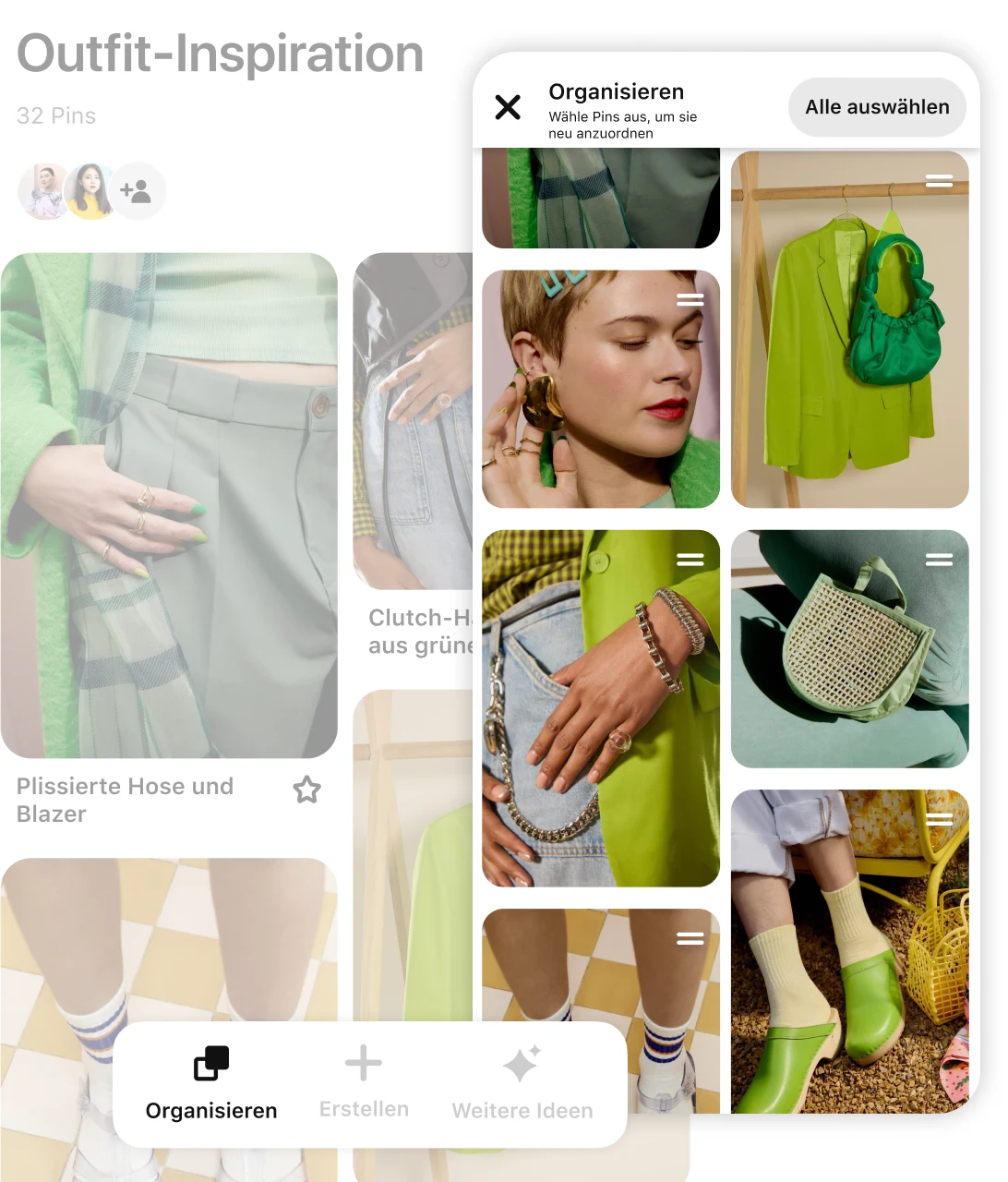 Pin grid featuring various green accessories and clothing items