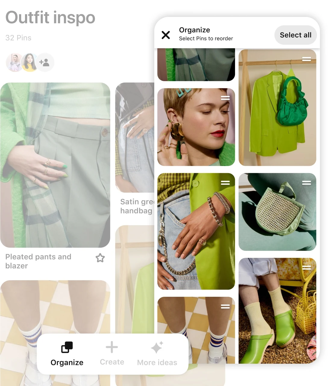 Pin grid featuring various green accessories and clothing items