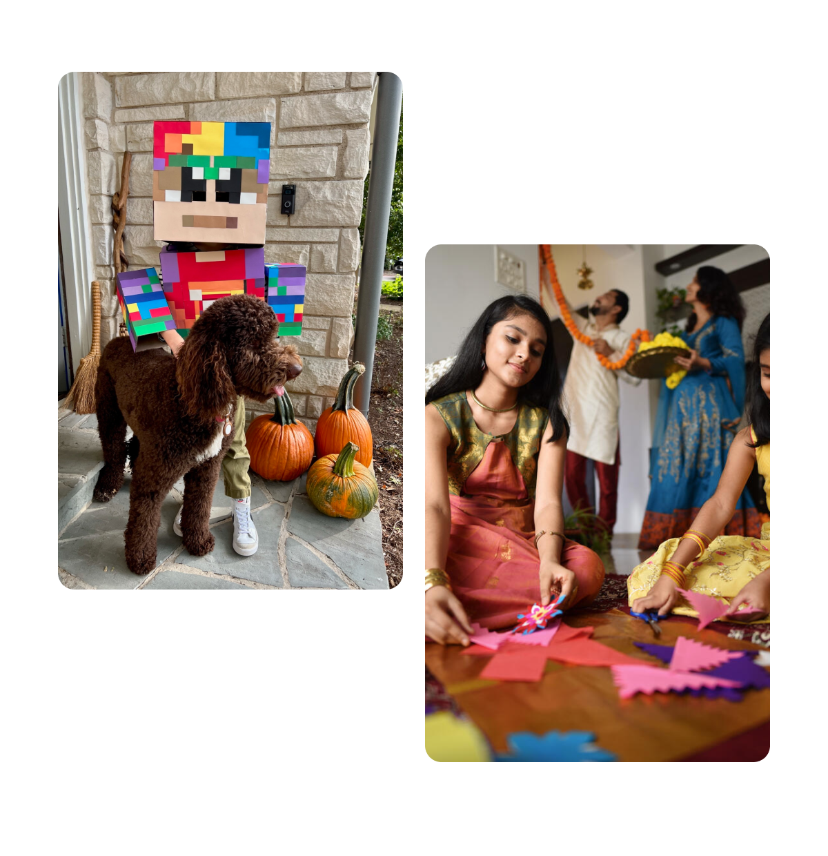 Two pins, homemade kids halloween costume, festive paper crafts and decorations