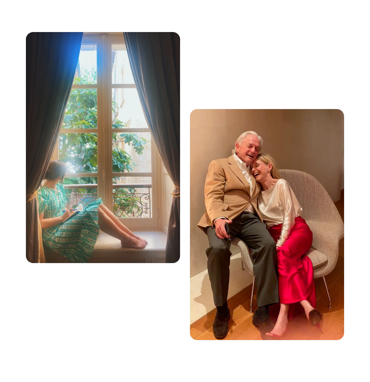 Dois Pins, mulher sentada na janela, casal de idosos sorrindo