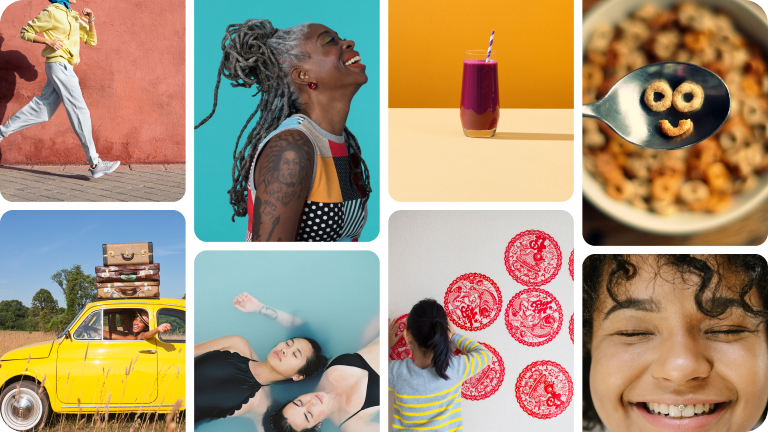 Kolase berisi gambar orang berlari, tersenyum, mengapung di air, mendekorasi dengan seni dinding, dan bermain dengan semangkuk sereal.