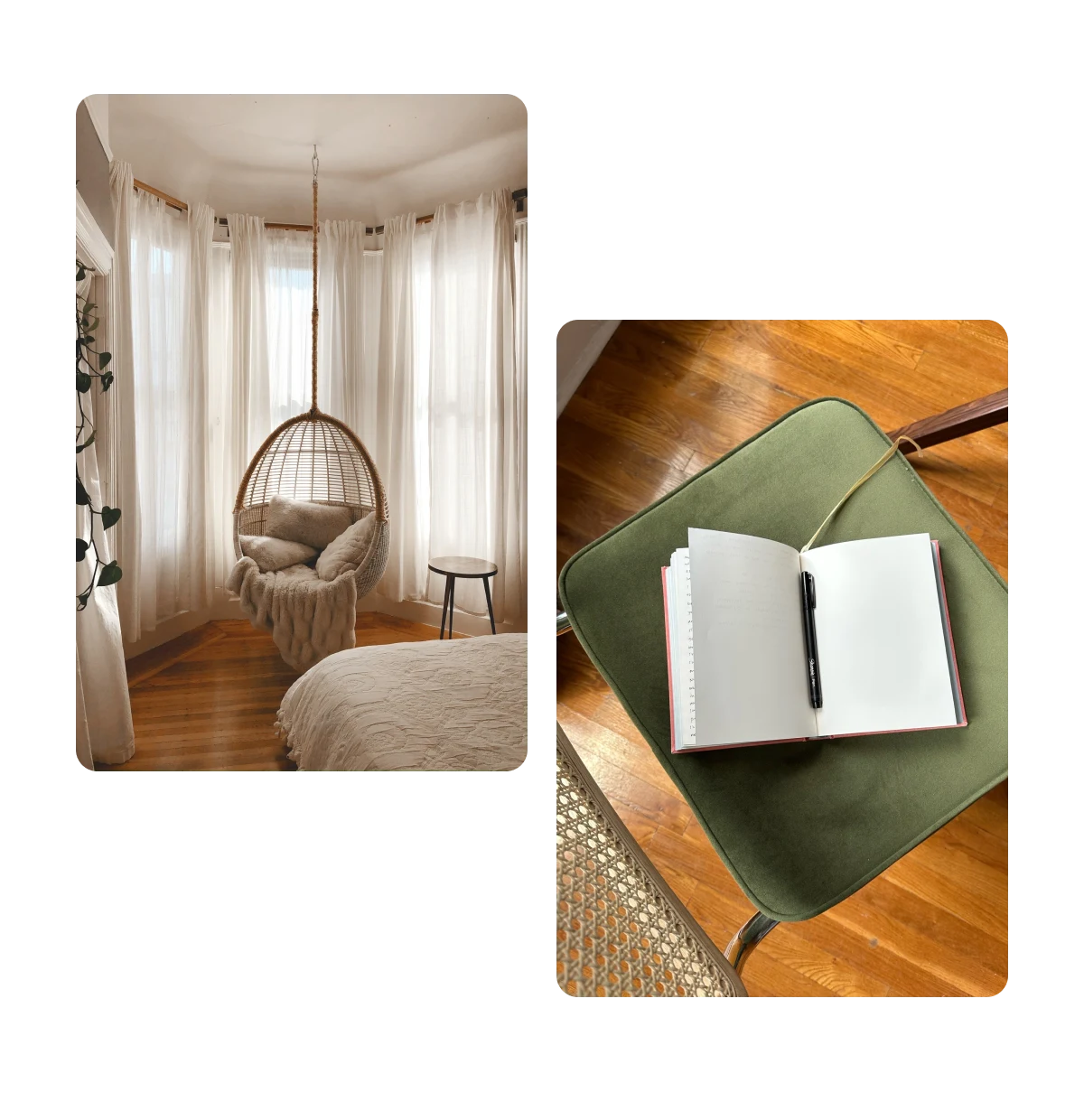 Two pins, serene bedroom with cosy chair, journal on chair