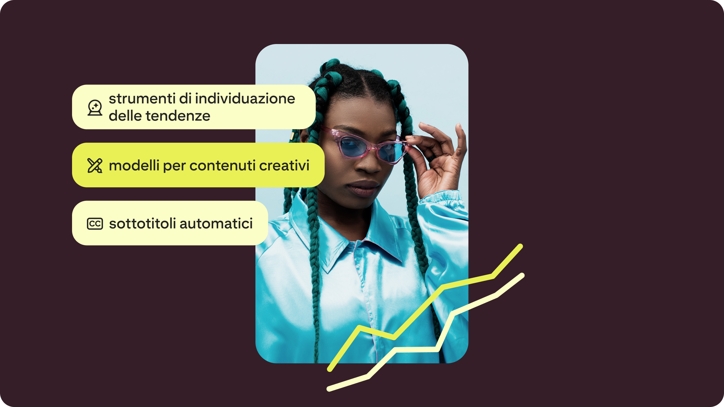 Una donna con lunghe trecce nere e verde acqua che indossa una giacca sportiva azzurra e occhiali da sole rosa con lenti azzurre. Testi presenti: "strumenti di individuazione delle tendenze", "modelli per contenuti creativi" e "didascalie automatiche".