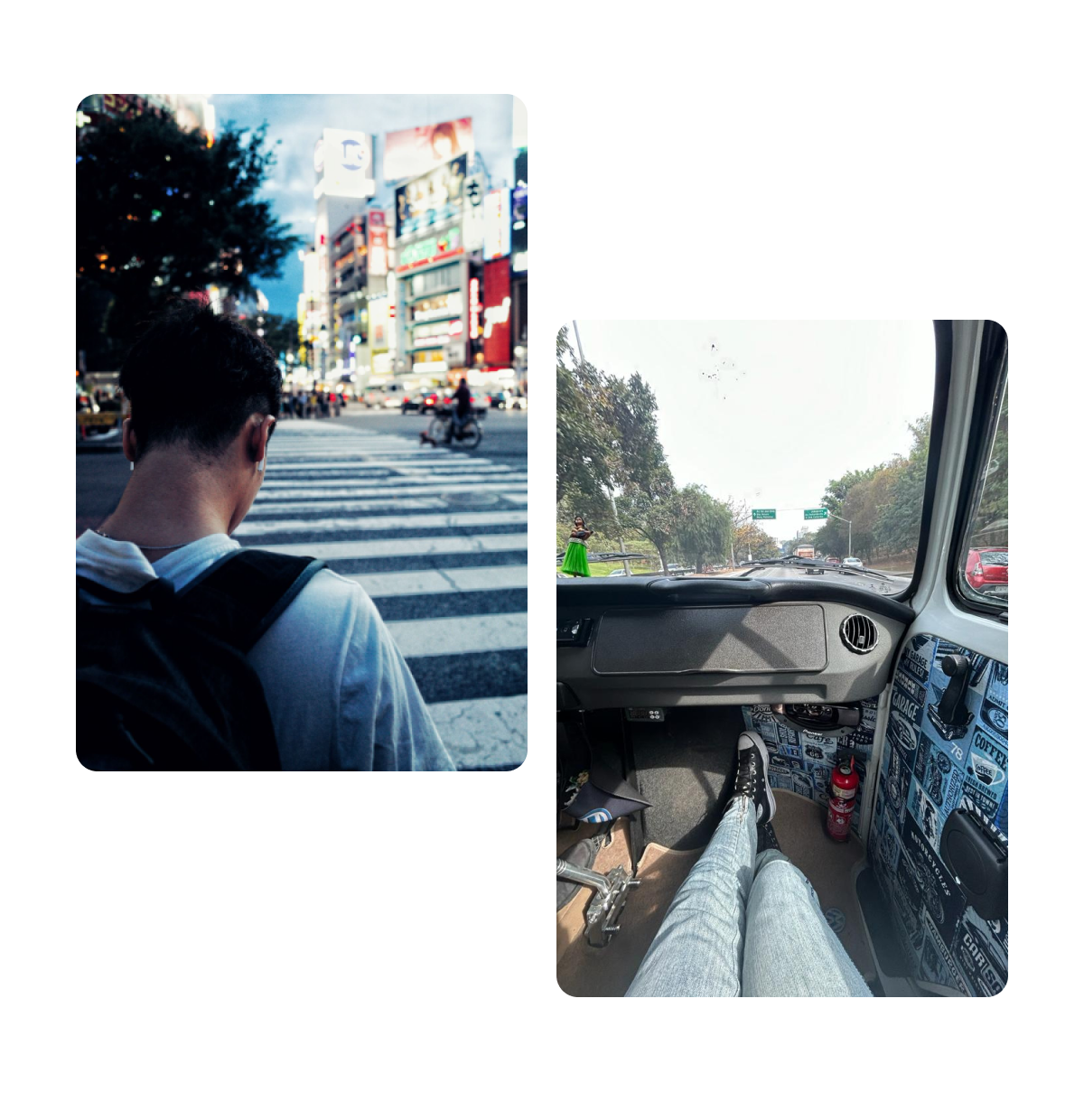 Two pins, man with backpack crossing street, woman crossing street