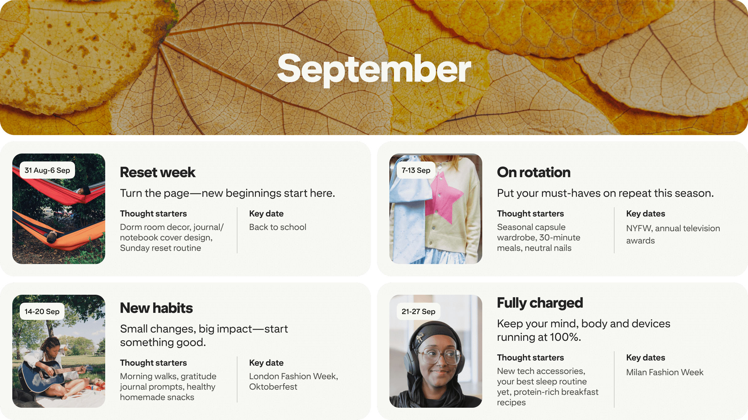 September planner view with four cards: Reset week, On rotation, New habits and Fully charged, each dated and paired with photos.