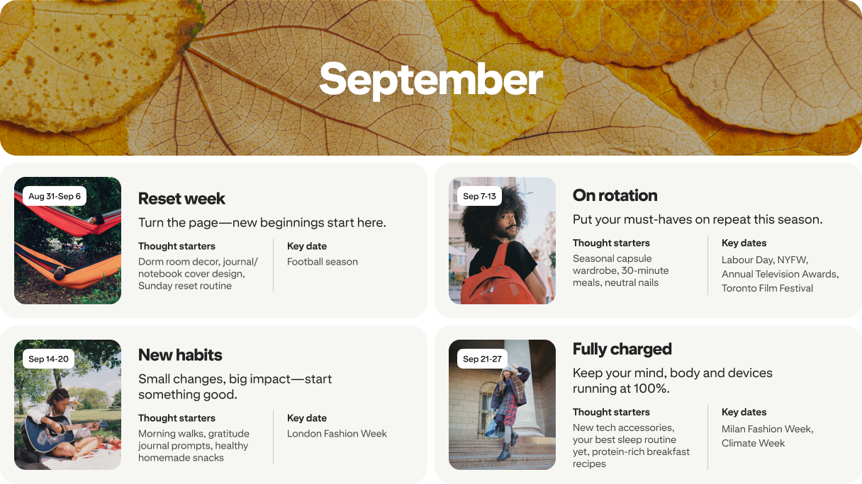 September planner view with four cards: Reset week, On rotation, New habits and Fully charged, each dated and paired with photos.