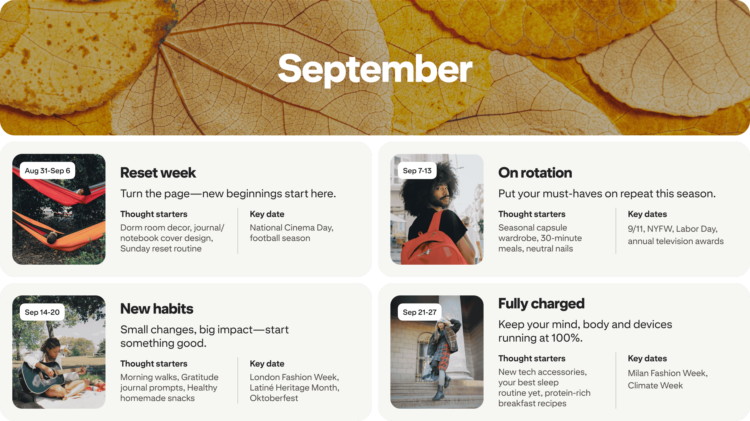 September planner view with four cards: Reset week, On rotation, New habits and Fully charged, each dated and paired with photos.
