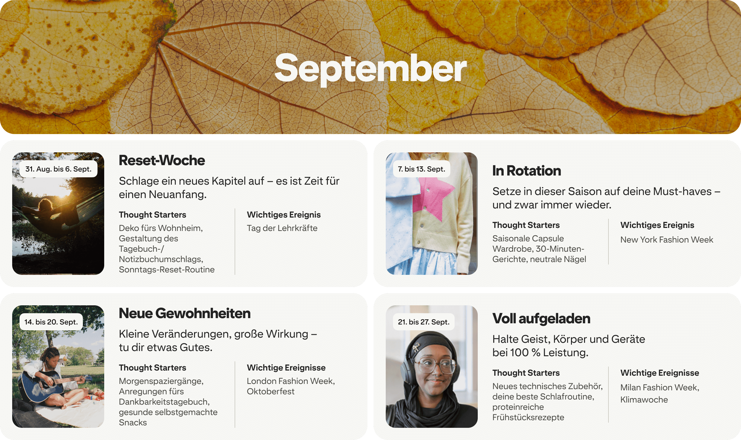 September planner view with four cards: Reset week, On rotation, New habits and Fully charged, each dated and paired with photos.
