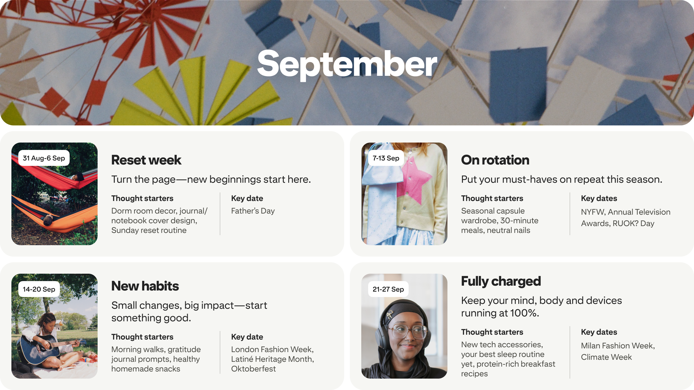 September planner view with four cards: Reset week, On rotation, New habits and Fully charged, each dated and paired with photos.