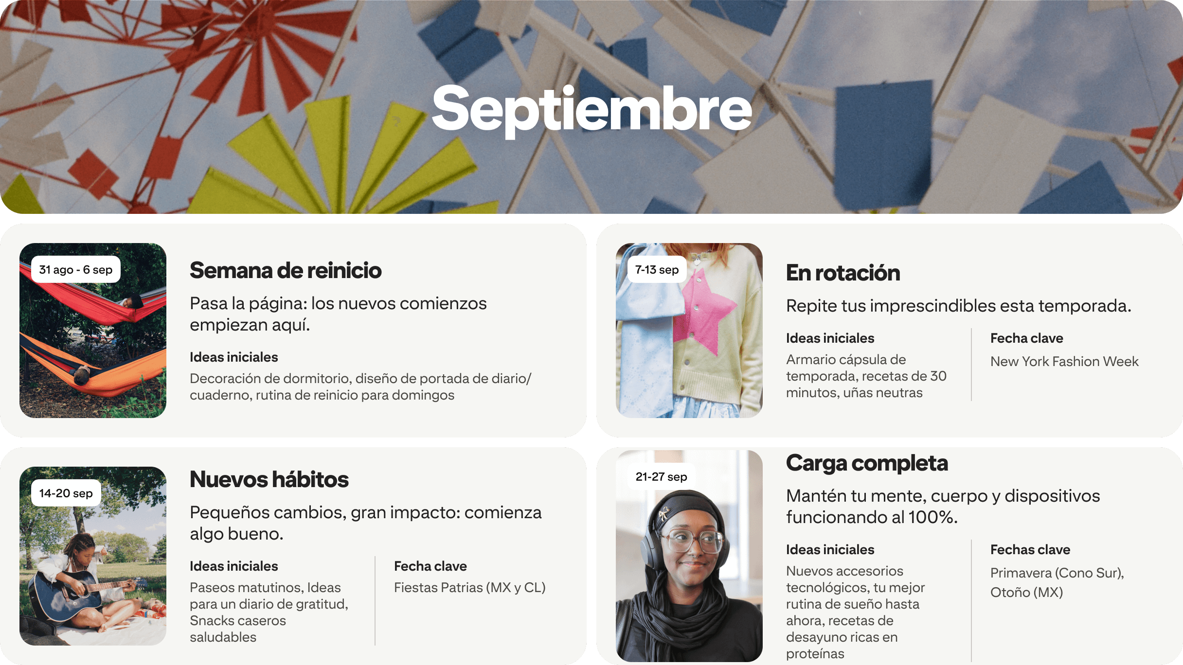 September planner view with four cards: Reset week, On rotation, New habits and Fully charged, each dated and paired with photos.