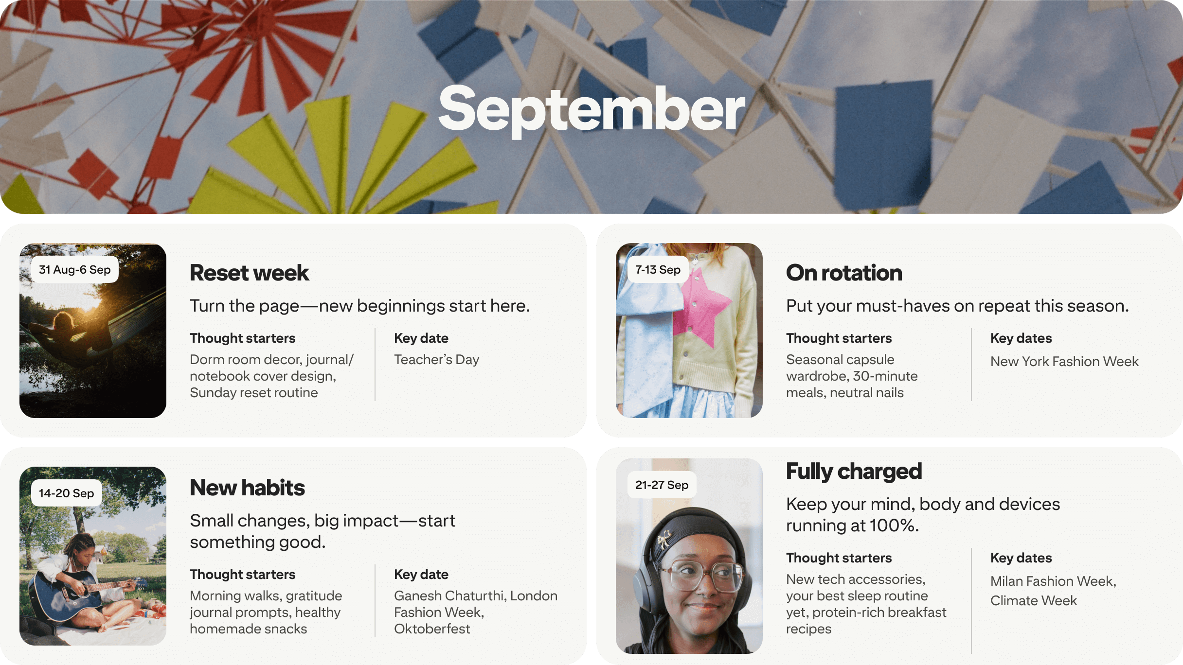 September planner view with four cards: Reset week, On rotation, New habits and Fully charged, each dated and paired with photos.