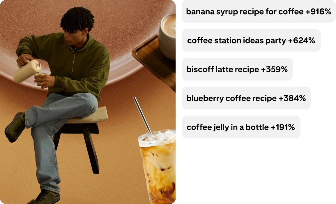 A man sitting on a stool pouring coffee into a cup from a french press. Banana syrup recipe for coffee +916%; coffee station ideas party +624%; blueberry coffee recipe +384%; biscoff latte recipe +359%; coffee jelly in a bottle +191%