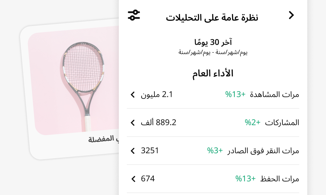 لقطة شاشة من هاتف محمول لأداة الإحصاءات في Pinterest خلال آخر 30 يومًا، تضم مقاييس مثل عدد مرات المشاهدة والمشاركات والنقرات فوق الصادر ومرات الحفظ. تعرض الصورة مضرب تنس على خلفية وردية مع التسمية التوضيحية "معداتي المفضلة".