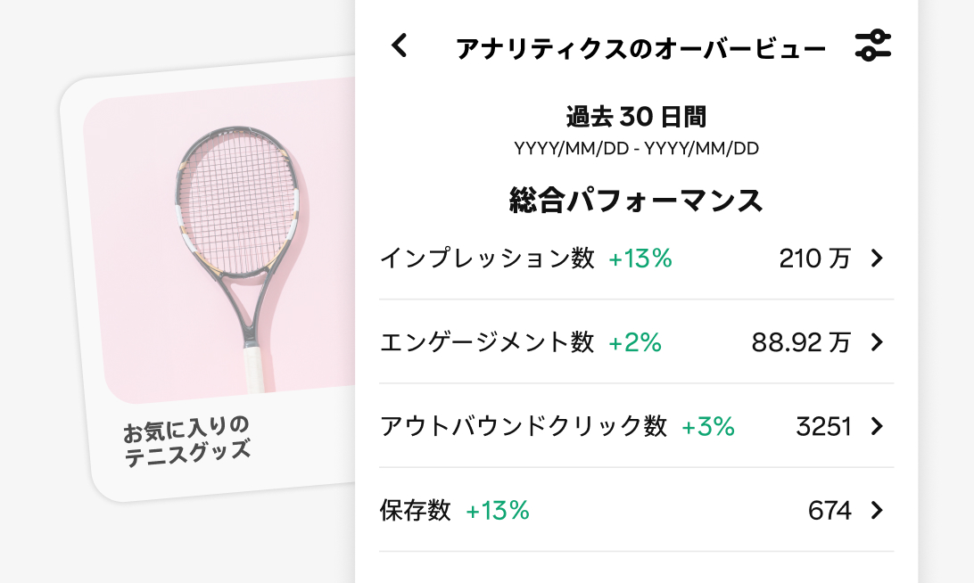 インプレッション数、エンゲージメント数、アウトバウンドクリック数、保存数などの指標が表示された、過去 30 日間の Pinterest アナリティクスツールのモバイル画面スナップショット。ピンクの背景にテニスラケットが表示された画像に、「お気に入りのテニスグッズ」というキャプションが添えられている。