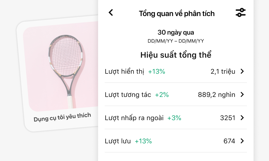 Ảnh chụp màn hình công cụ Phân tích của Pinterest trên thiết bị di động trong 30 ngày qua, hiển thị số liệu về Lượt hiển thị, Lượt tương tác, Lượt nhấp ra ngoài và Lượt lưu. Hình ảnh một cây vợt tennis trên nền hồng, kèm chú thích "Dụng cụ tôi yêu thích".