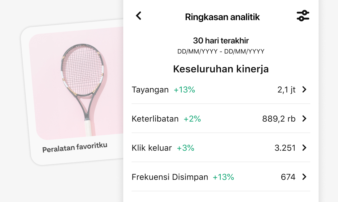 Jepretan layar ponsel alat Analitik Pinterest dalam 30 hari terakhir, yang menampilkan metrik Tayangan, Keterlibatan, Klik Keluar, dan Frekuensi Disimpan. Gambar ini menampilkan raket tenis pada latar merah muda dengan tulisan "Peralatan favoritku".