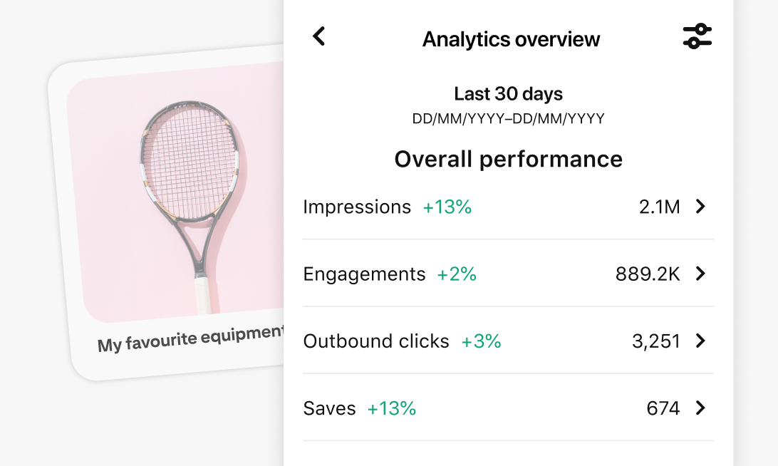 Mobile screen snapshot of Pinterest’s Analytics tool for the last 30 days, featuring metrics such as Impressions, Engagements, Outbound clicks and Saves. The image displays a tennis racquet on a pink background with the caption ‘My favourite equipment’.
