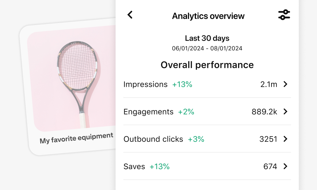 Mobile screen snapshot of Pinterest's Analytics tool for the last 30 days, featuring metrics like Impressions, Engagements, Outbound Clicks, and Saves. The image displays a tennis racket on a pink background with the caption "My favorite equipment."