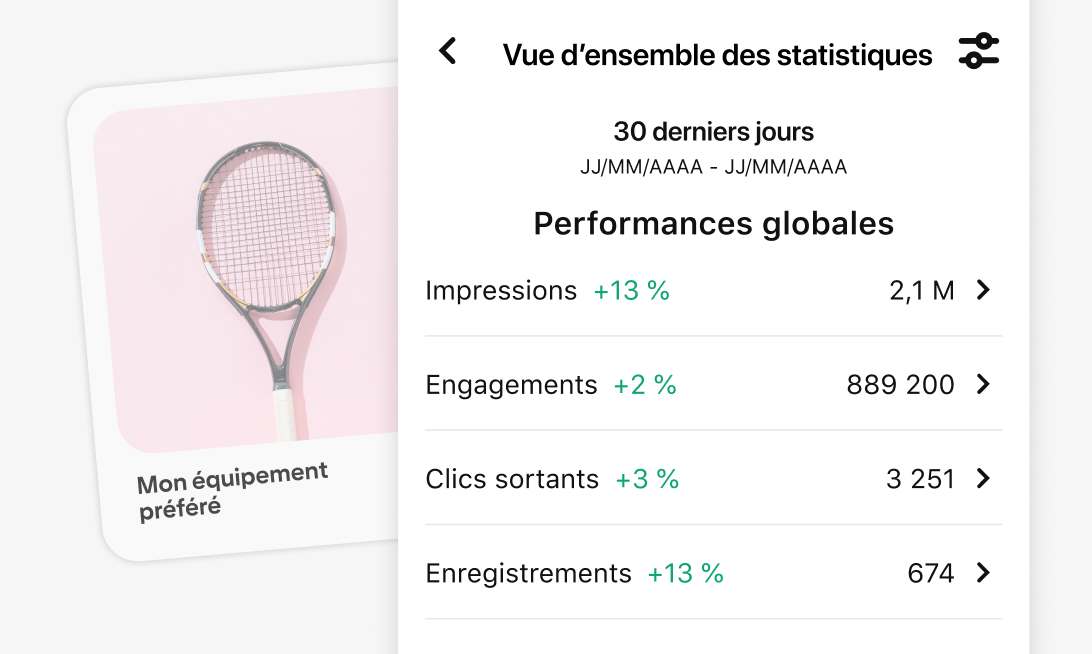 Image de l’outil Pinterest Analytics sur les 30 derniers jours, avec des précisions sur l’impression, l’engagement, les clics sortants et les enregistrements. Sur l’image : une raquette de tennis sur fond rose et en légende : « Mon équipement préféré ».
