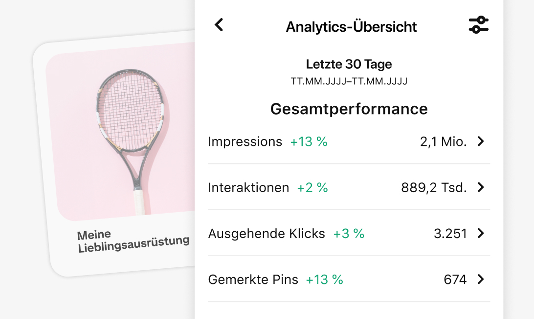 Analytics-Tools von Pinterest für die letzten 30 Tage mit Metriken wie Impressions, Interaktionen, ausgehenden Klicks und „Merken“-Aktionen. Das Bild zeigt einen Tennisschläger auf einem rosa Hintergrund mit der Unterschrift „Meine Lieblingsausrüstung“.