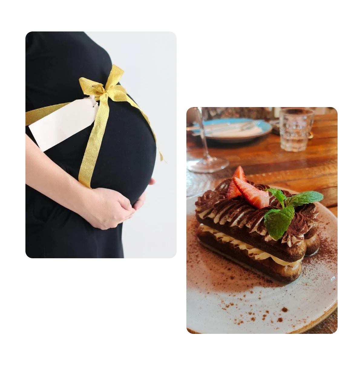 Two pins, pregnant woman with bow on her stomach, special desert on plate