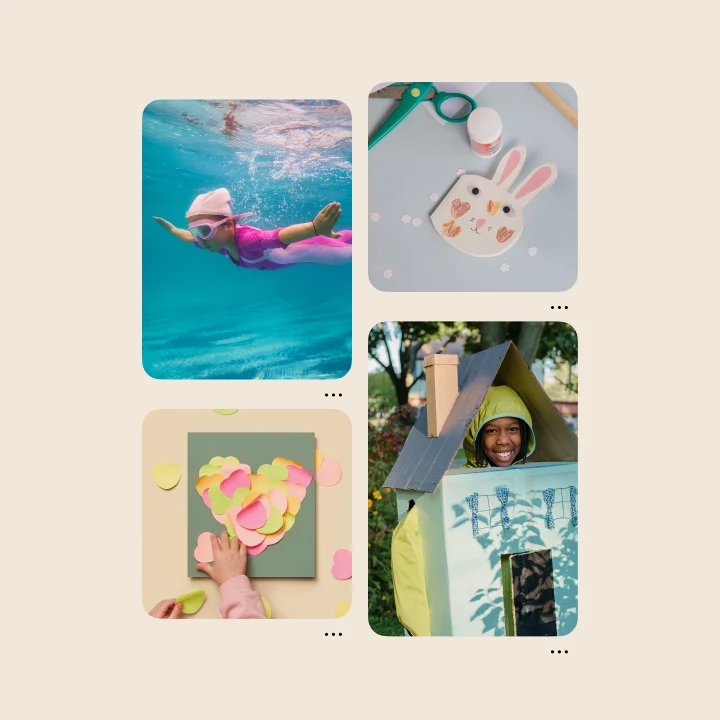 Pin images of a child swimming, a child wearing a house costume and kids arts and crafts