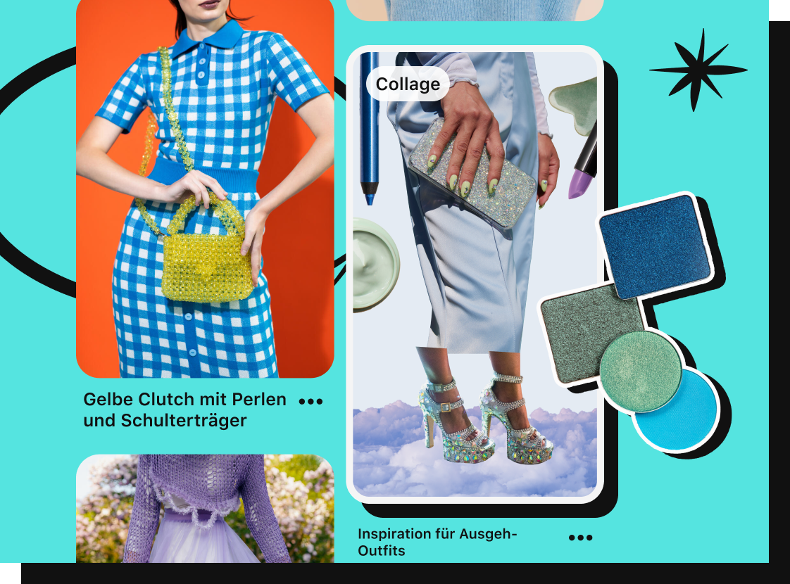 Ein Pin mit einer Frau in einem blau karierten Outfit neben einem hervorgehobenen Collagen-Pin mit einer Frau in einem silbernen Rock und glitzernden High Heels, kombiniert mit Cutouts aus Make-up-Produkten.