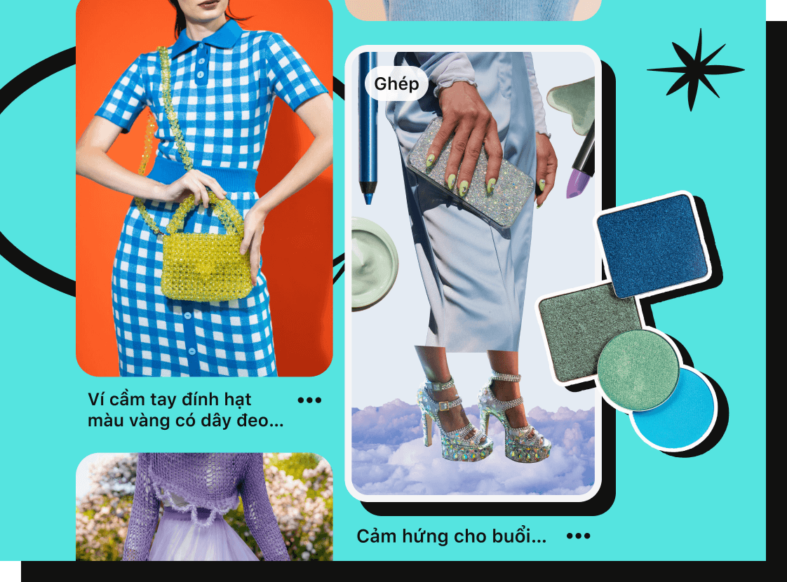 A Pin featuring a woman wearing a blue-check outfit next to a highlighted collage Pin with a woman wearing a silver skirt and bedazzled heels combined with makeup product cutouts.