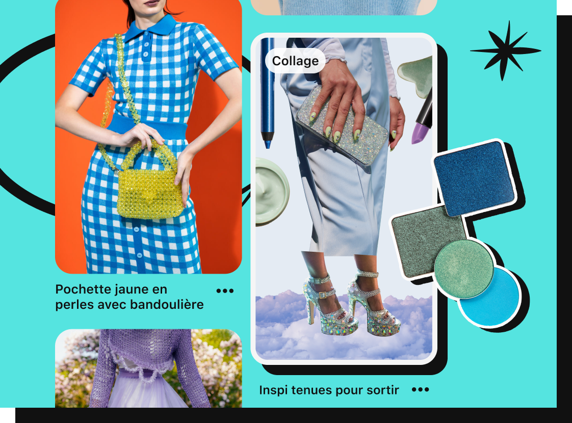 Épingle mettant en scène une femme portant une tenue à carreaux bleus. À côté se trouve une Épingle collage mise à la Une montrant une femme portant une jupe argentée et des talons ornés de strass avec à côté des découpes de produits de maquillage.