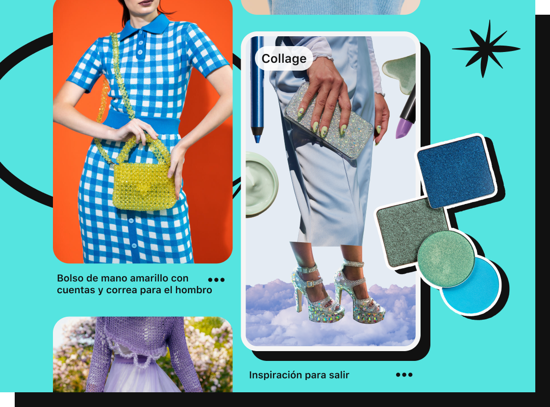 Un Pin en el que se muestra a una mujer con un traje a cuadros azul, junto a un Pin Collage destacado con una mujer que lleva una falda plateada y tacones deslumbrantes combinados con recortes de productos de maquillaje.