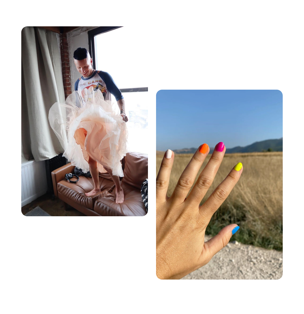 Two pins, standing on couch wearing big skirt, rainbow nails