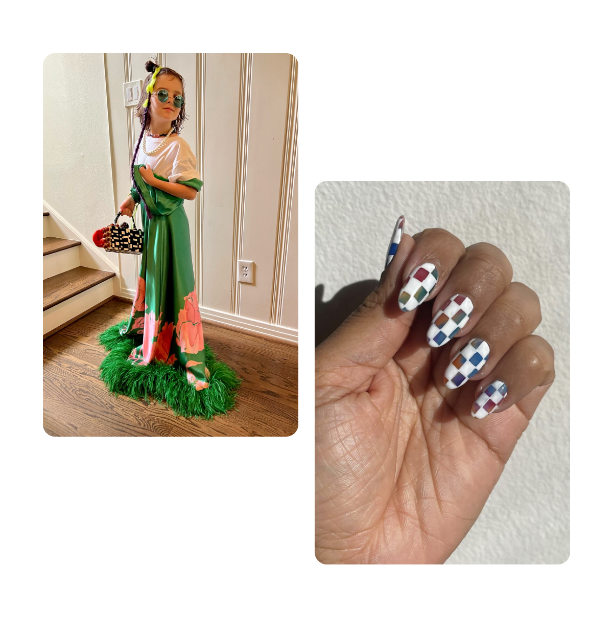 2 Pins, Junge im Kleid, karierte Maniküre