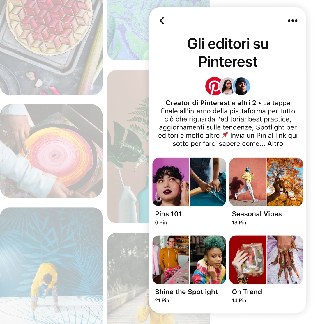 Interfaccia utente della bacheca di gruppo degli editori di Pinterest