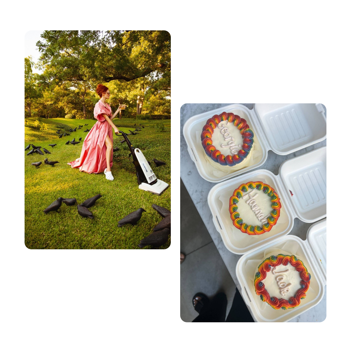 Two pins, woman in gown holding vacuum and cocktail, three name cakes