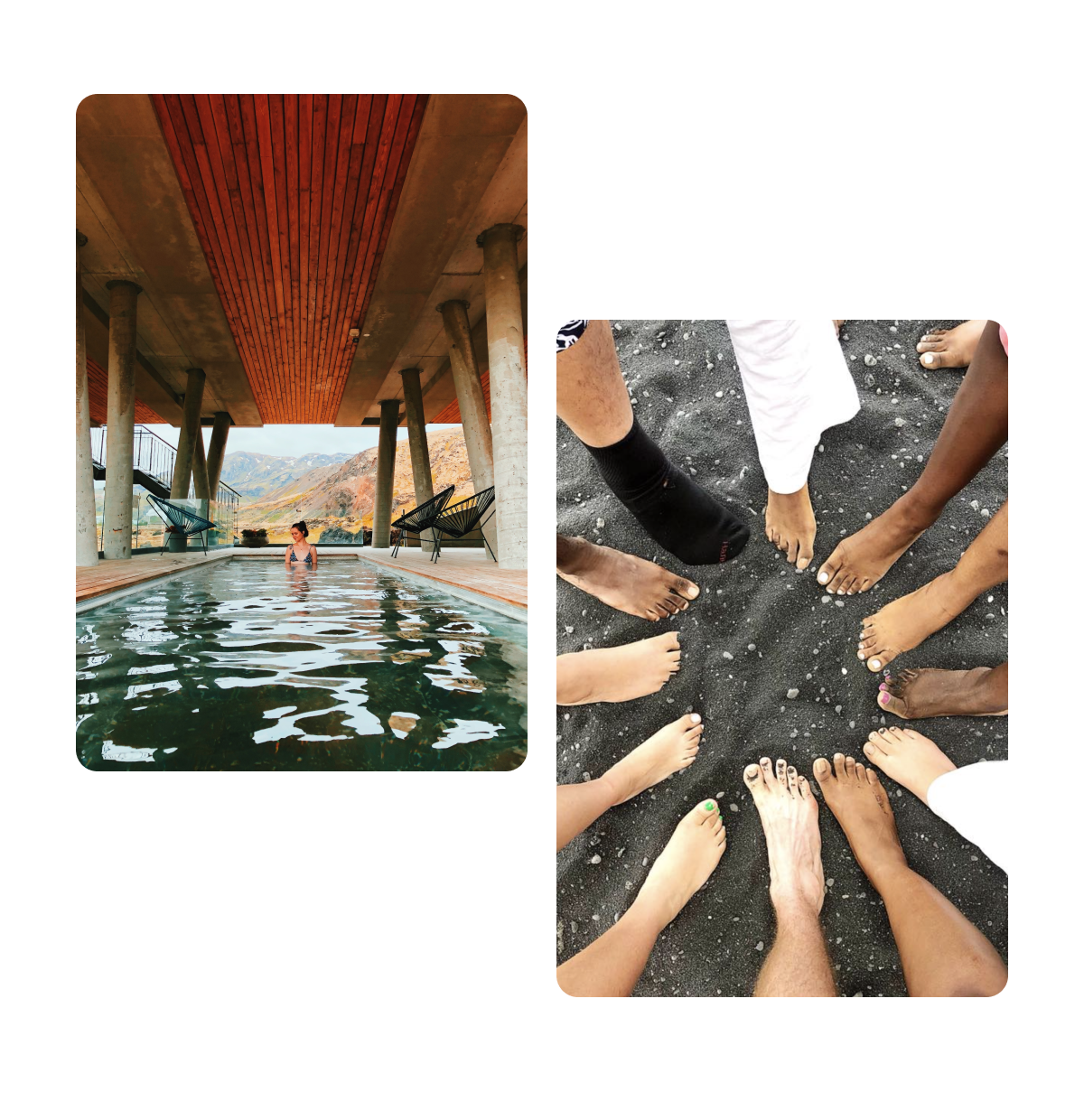 Dois Pins, mulher na piscina de um spa, pés de amigos na praia