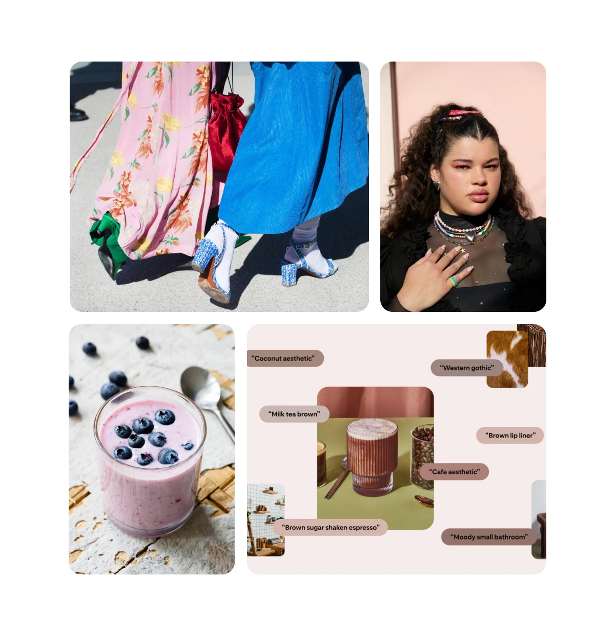 Four Pin grid. Stylish shoes closeup. Fashionable girl posing. Blueberry drink. Brown aesthetic.