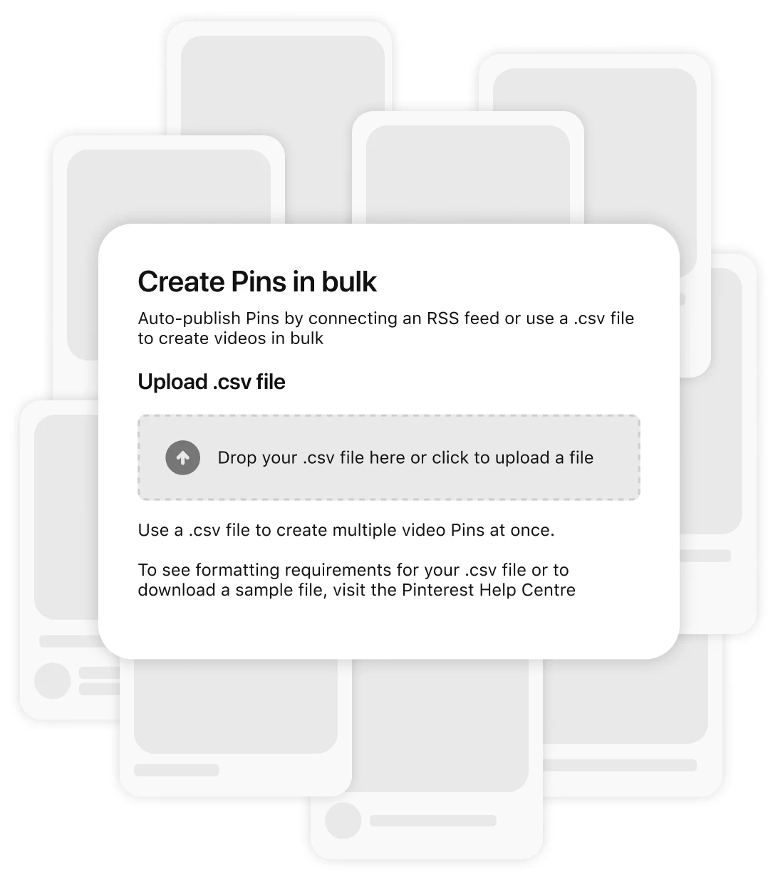 Collage of blank pins with "Bulk create Pins" feature in front