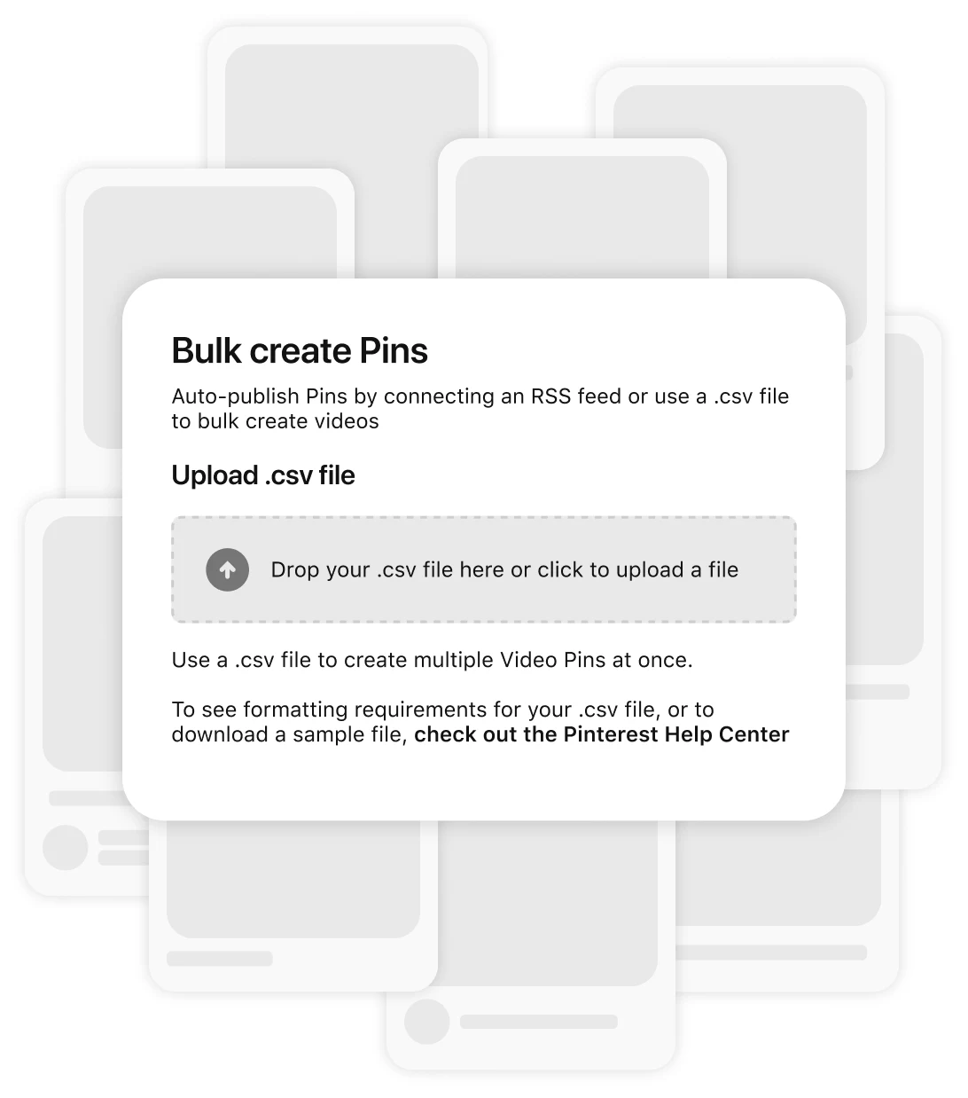 Collage of blank pins with "Bulk create Pins" feature in front
