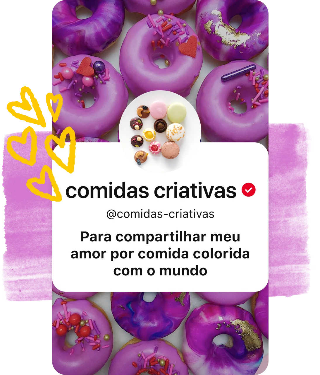 Instantâneo do perfil da conta sobreposto no Pin de rosquinhas roxas