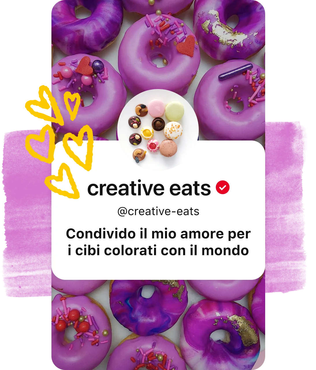 Immagine del profilo di un account sovrapposto a un Pin con delle ciambelle viola