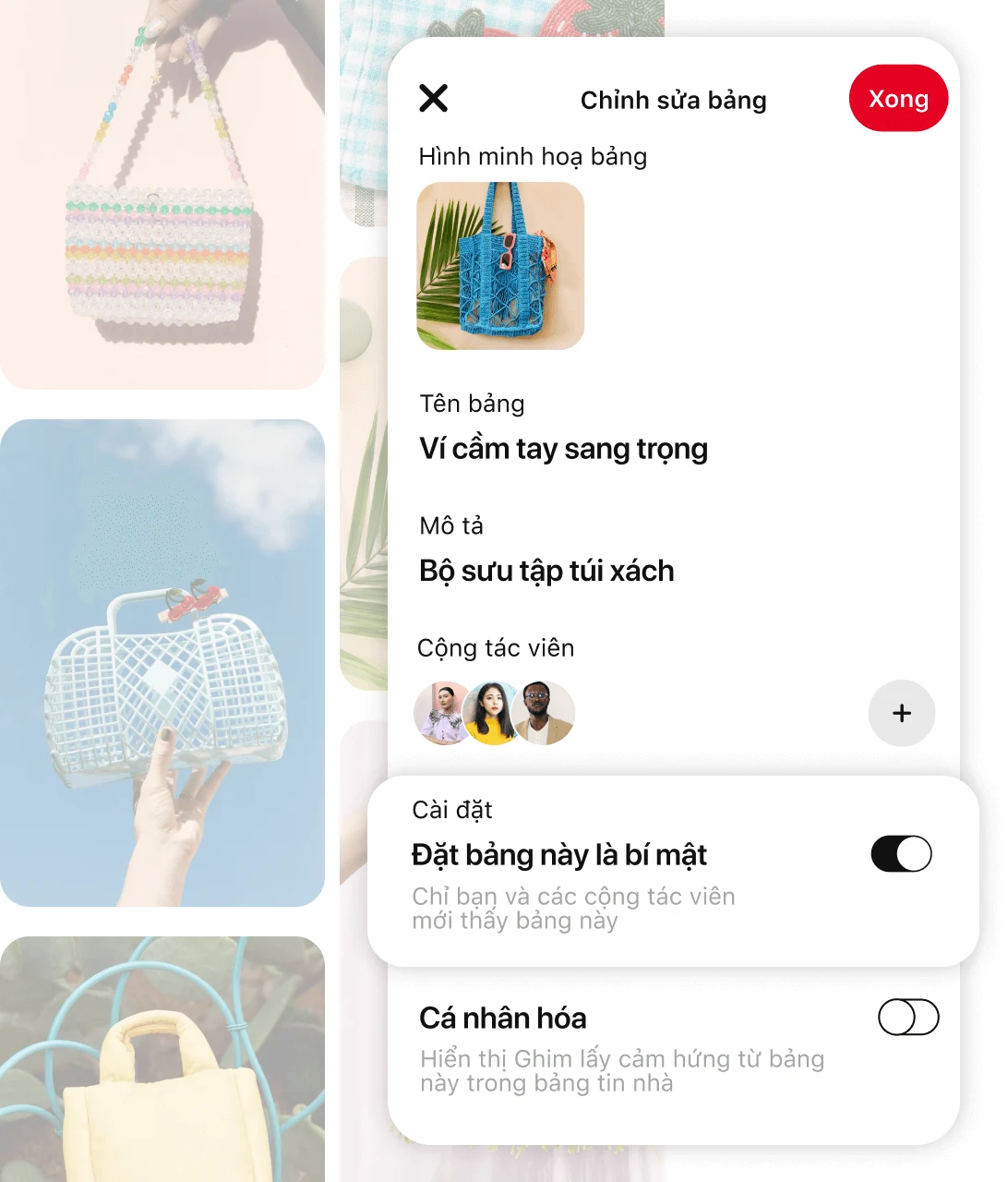 Lưới ghim mờ bao gồm nhiều chiếc ví khác nhau với màn hình minh họa tính năng "Chỉnh sửa bảng" và "Đặt bảng này là bí mật" của ứng dụng Pinterest