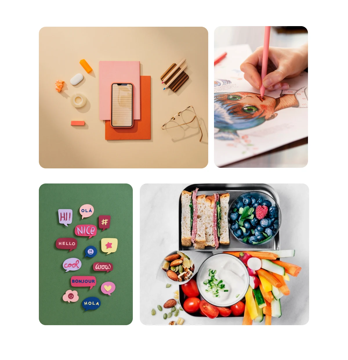Grid of four images including study tips, fan art drawings, aesthetic phone cases, lunch box ideas