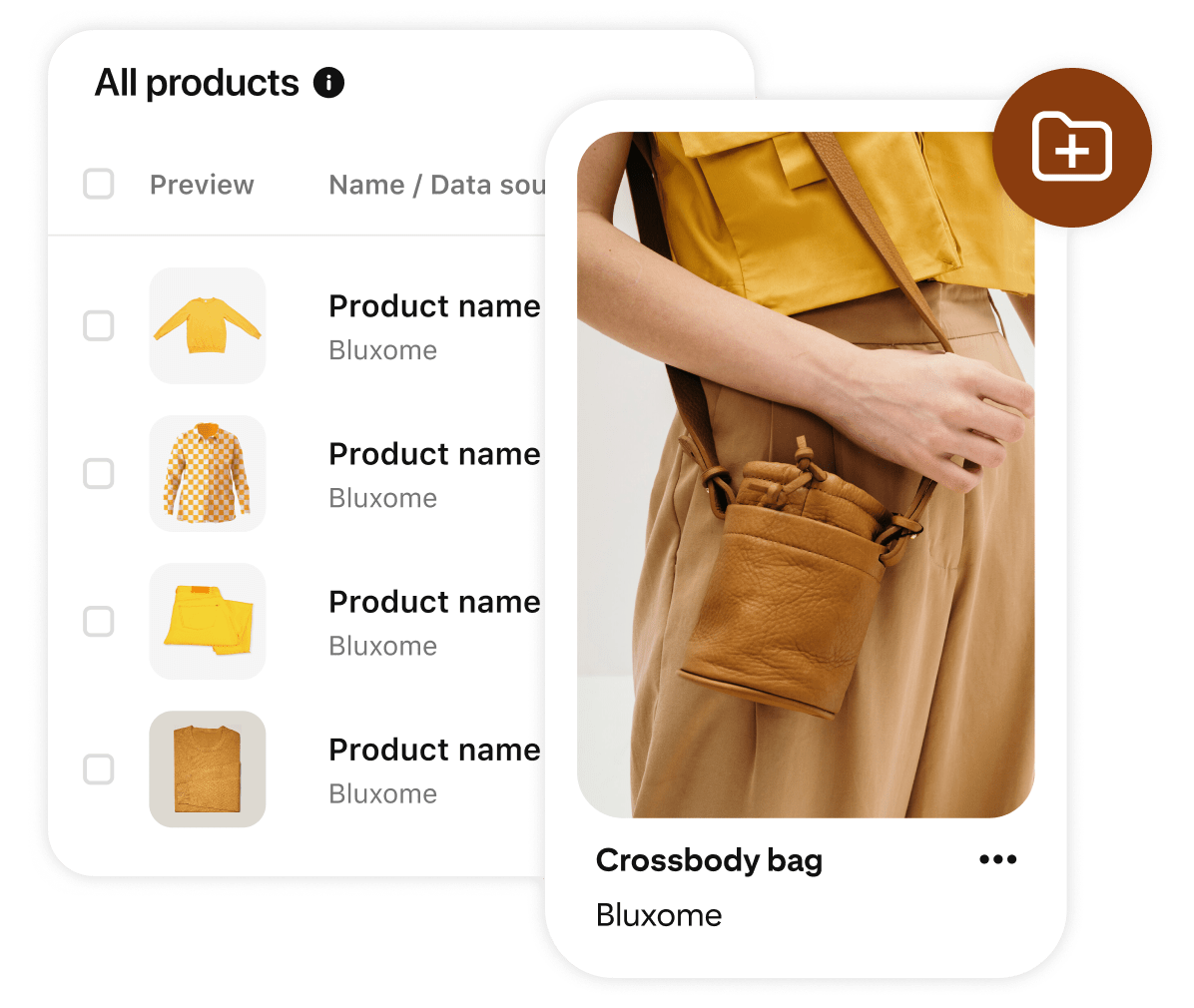 Stylized pin of a model with a brown leather crossbody bag on Pinterest's catalog, showcasing product options such as a yellow sweatet, a patterned shirt, yellow pants and tan sweater.