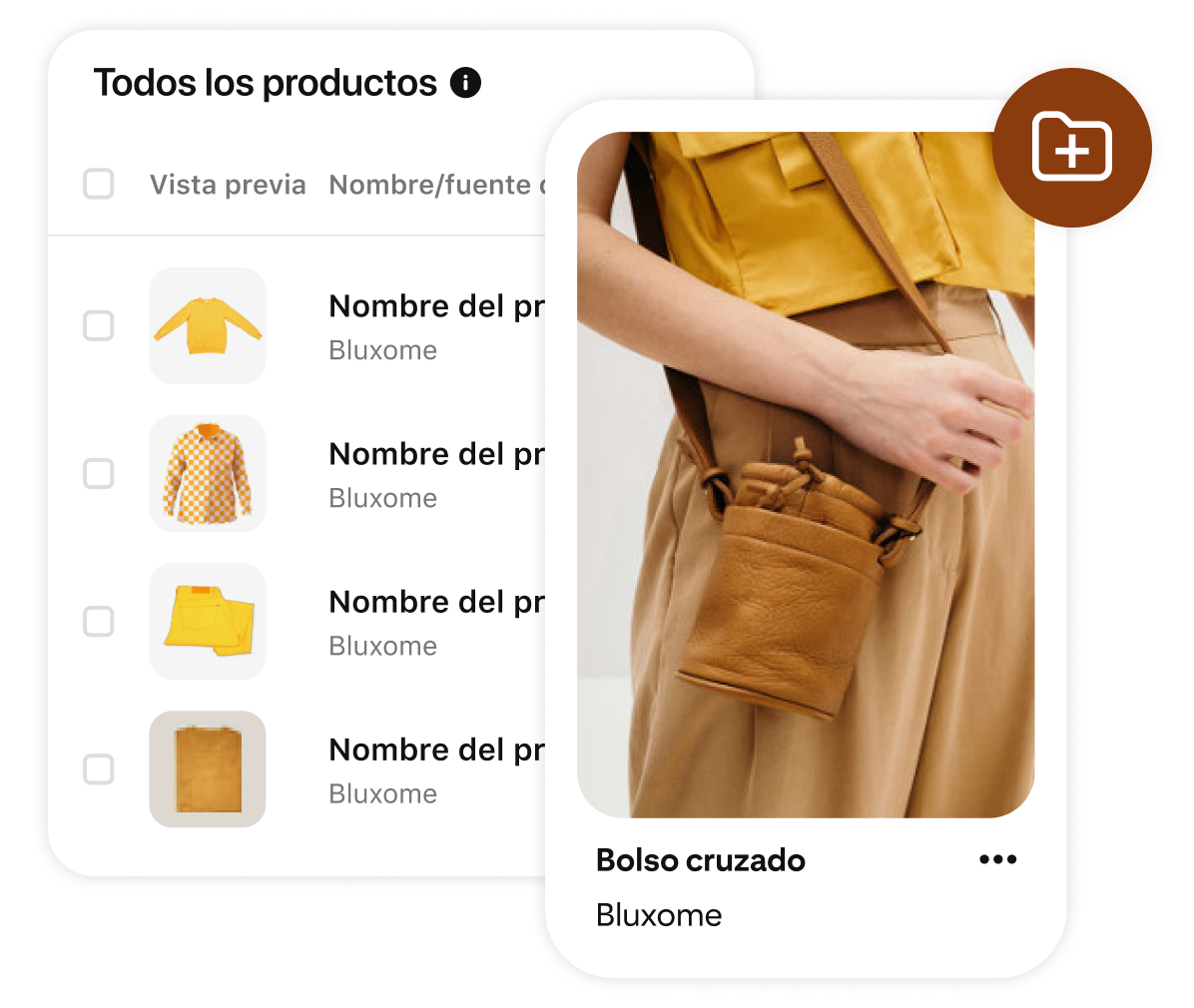 Un Pin estilizado de una modelo con bandolera de cuero marrón del catálogo de Pinterest, en el que se muestran opciones de productos como un suéter amarillo, una camisa estampada, pantalones amarillos y un suéter marrón.