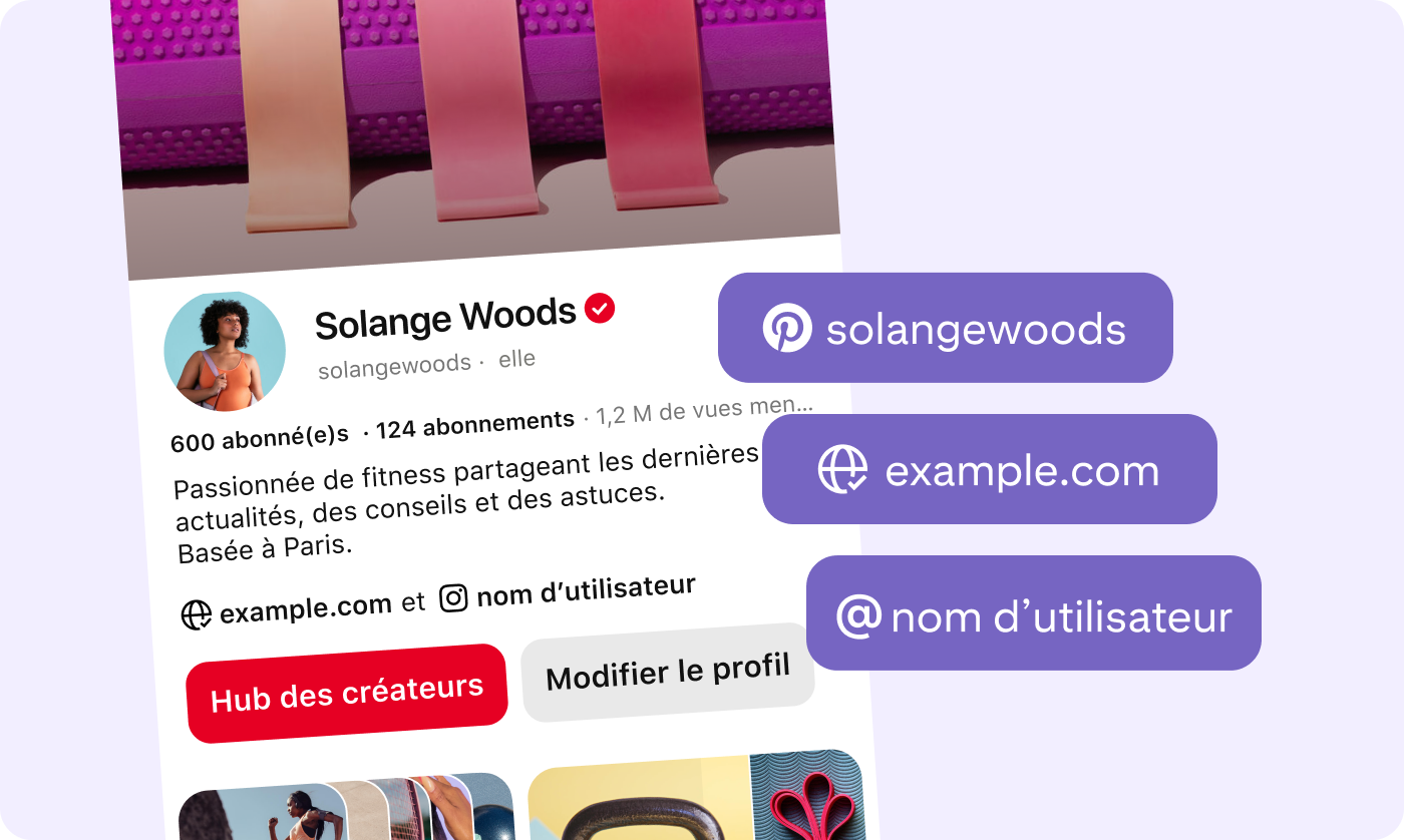 Profil Pinterest de Solange Woods avec le nom d’utilisateur Pinterest, le site Web de l’utilisateur et le nom d’utilisateur Instagram superposés dans des rectangles contextuels