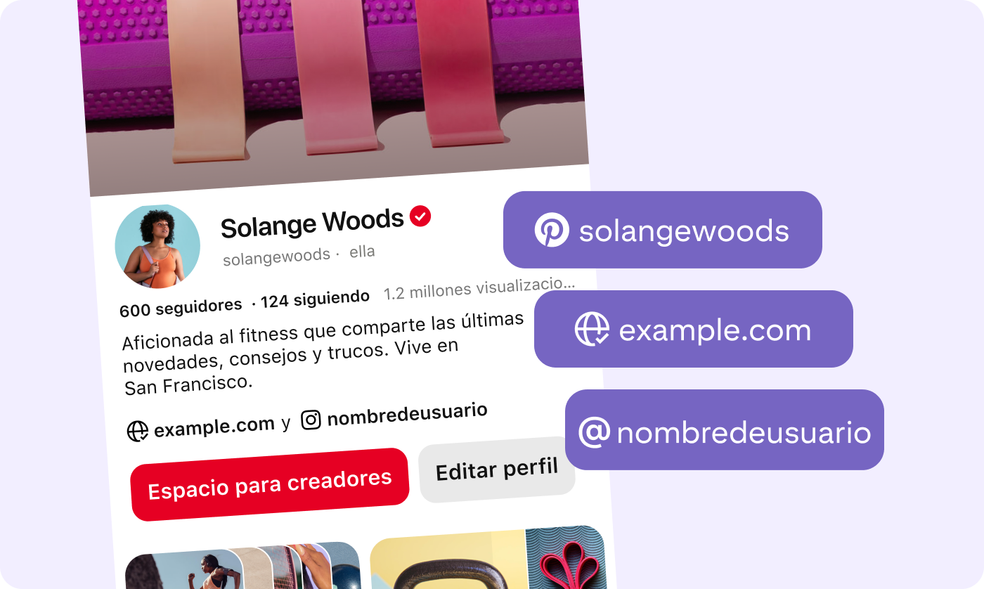 Perfil de Pinterest de Solange Woods con el nombre de usuario de Pinterest, sitio web y nombre de usuario de Instagram superpuestos en rectángulos emergentes.