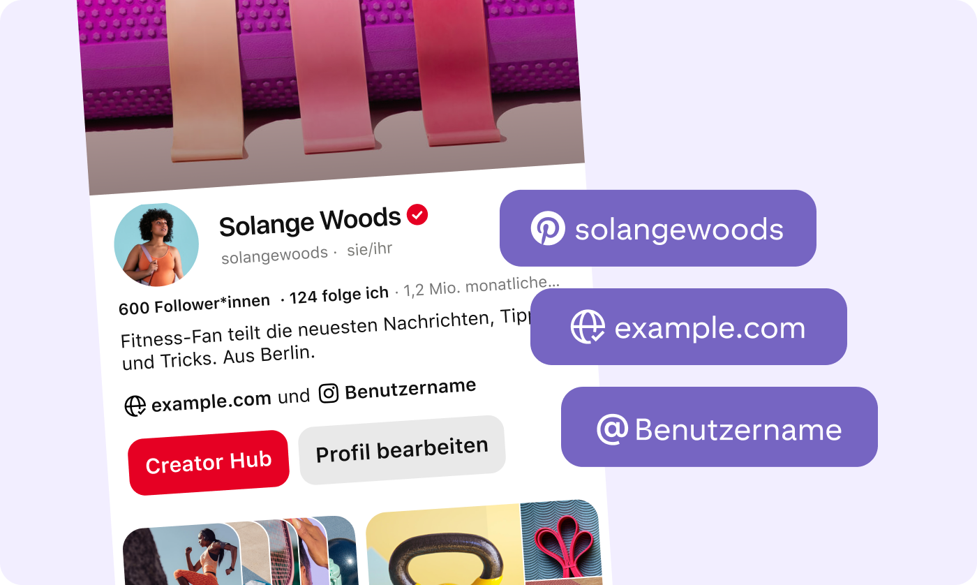 Pinterest-Profil von Solange Woods mit Pinterest-Benutzername, Webseite der Nutzerin und Instagram-Benutzername in rechteckigen Pop-ups